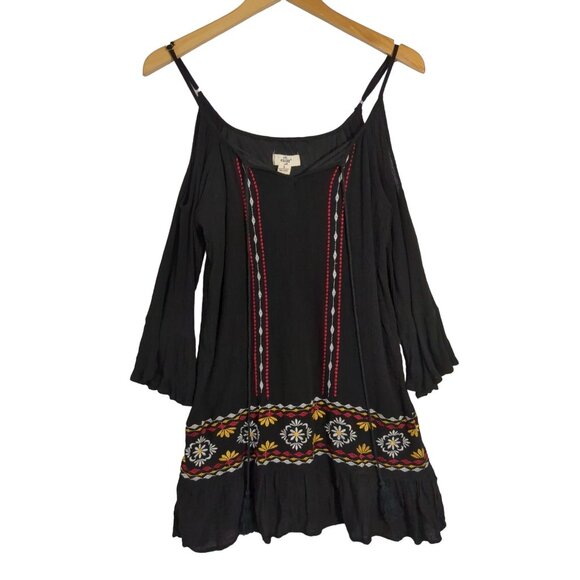 Exist Mini Tunic Dress Womens S Black Boho Southwestern Festival Embroidered - Picture 2 of 12